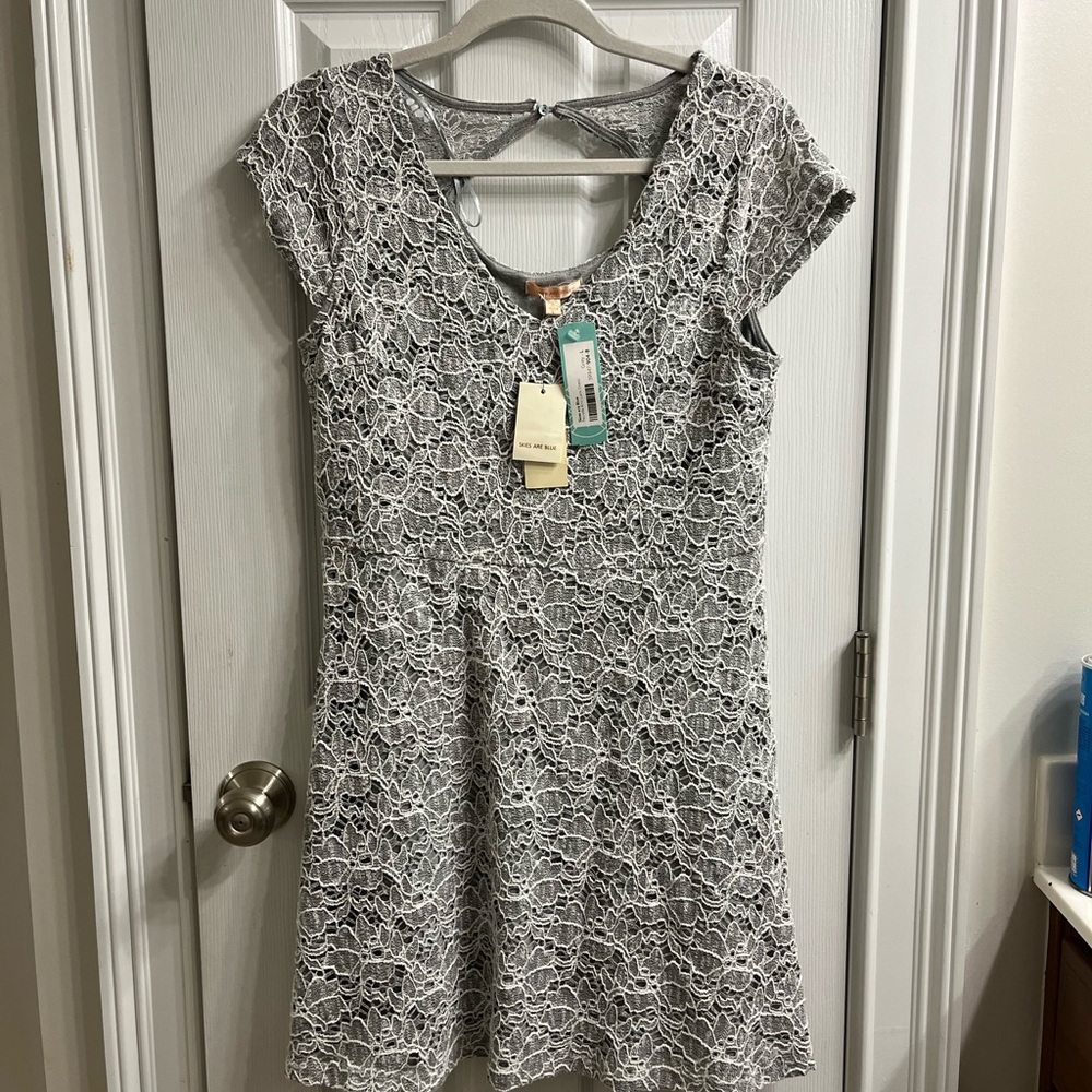 Skies Are Blue Gray Lace Mini Dress